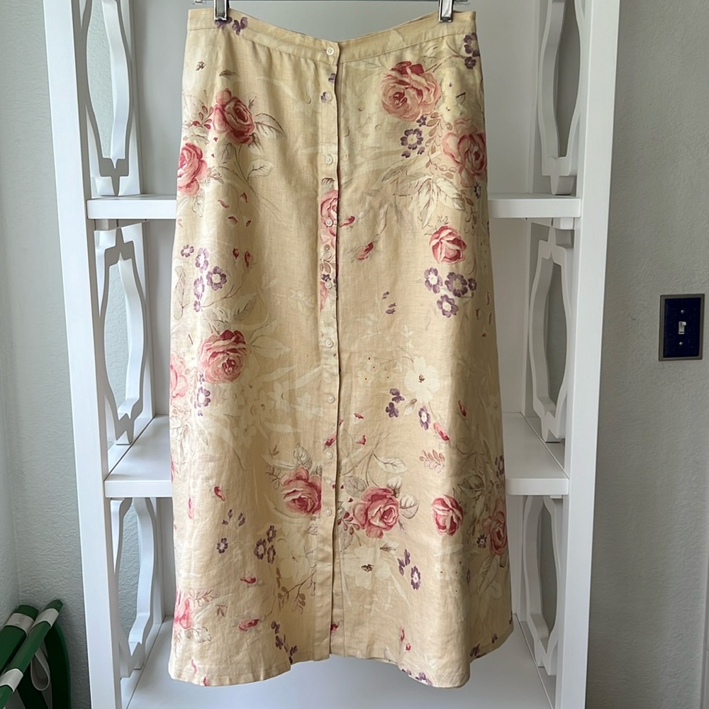 Vintage Lauren Ralph Lauren 100% Linen Floral Button Front A-Line Skirt Sz 6